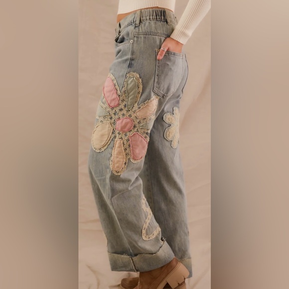 Blue and Pink Flare Jeans with Artistic Butterfly Design - Picture 13 of 15